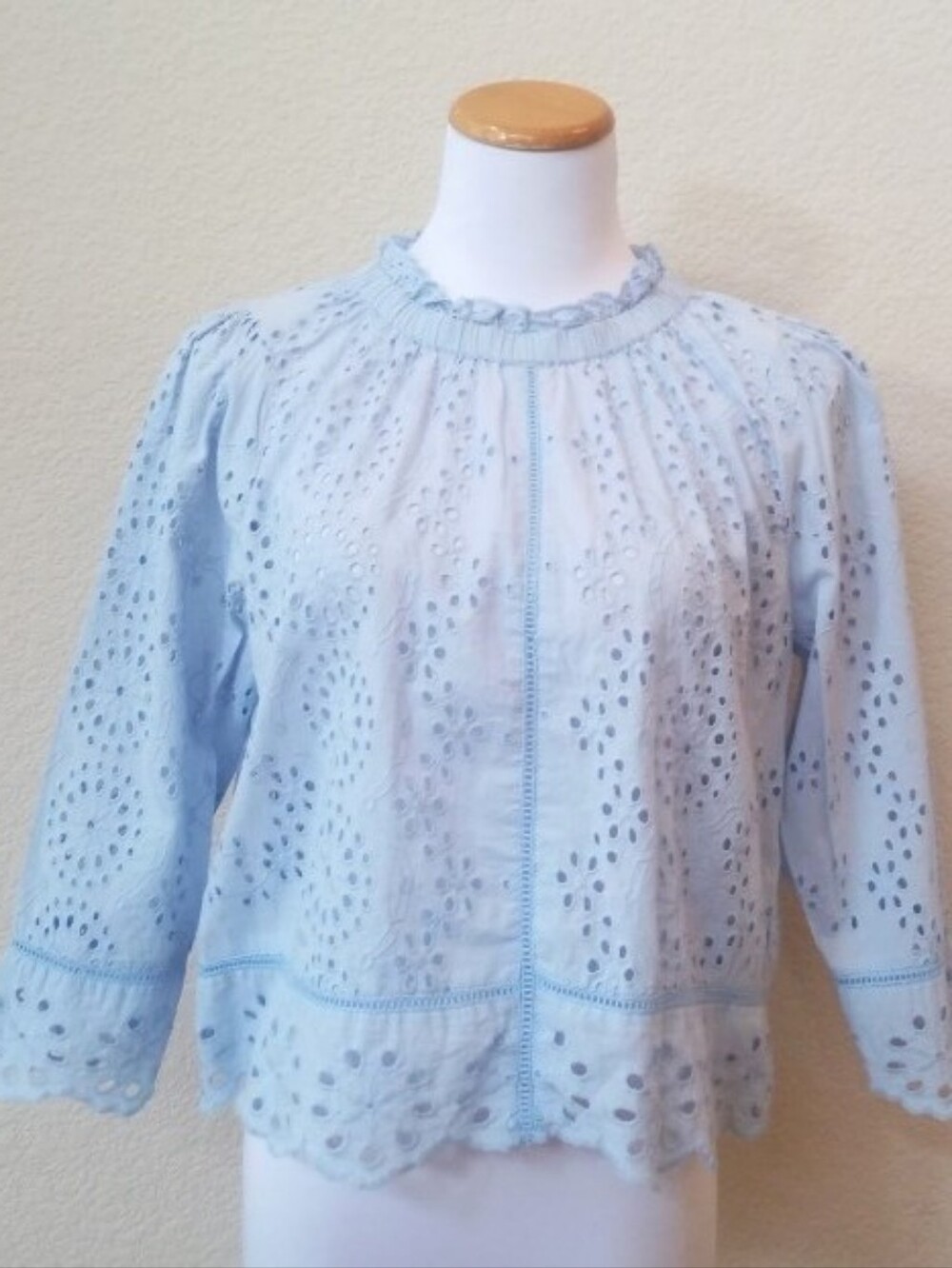 Jennifer & Grace light blue eyelet blouse with long sleeves and scalloped hem